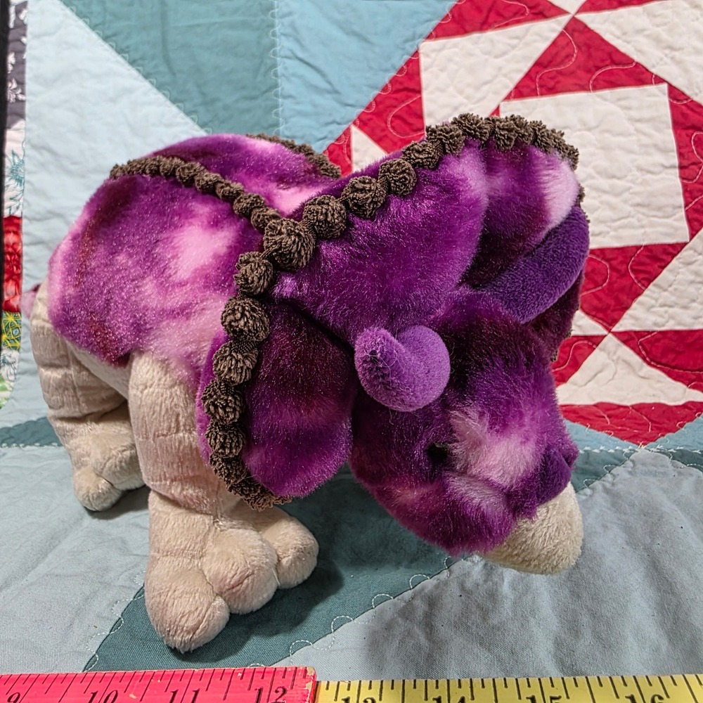 Aurora Triceratops Dinosaur Plush 13" Purple Tie Dye Pom Pom Trim